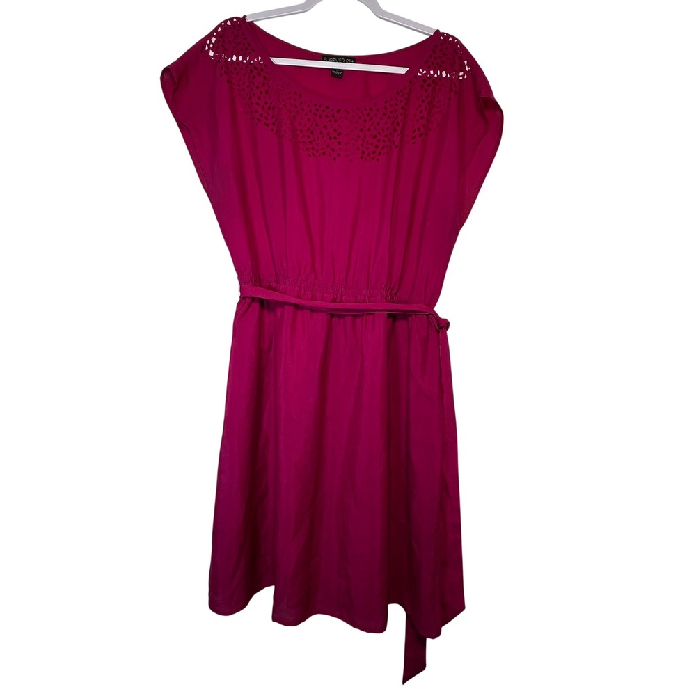 Forever 21+ Plus Size Fuchsia Pink Laser Cut Neckline‎ Belted Dress 1X